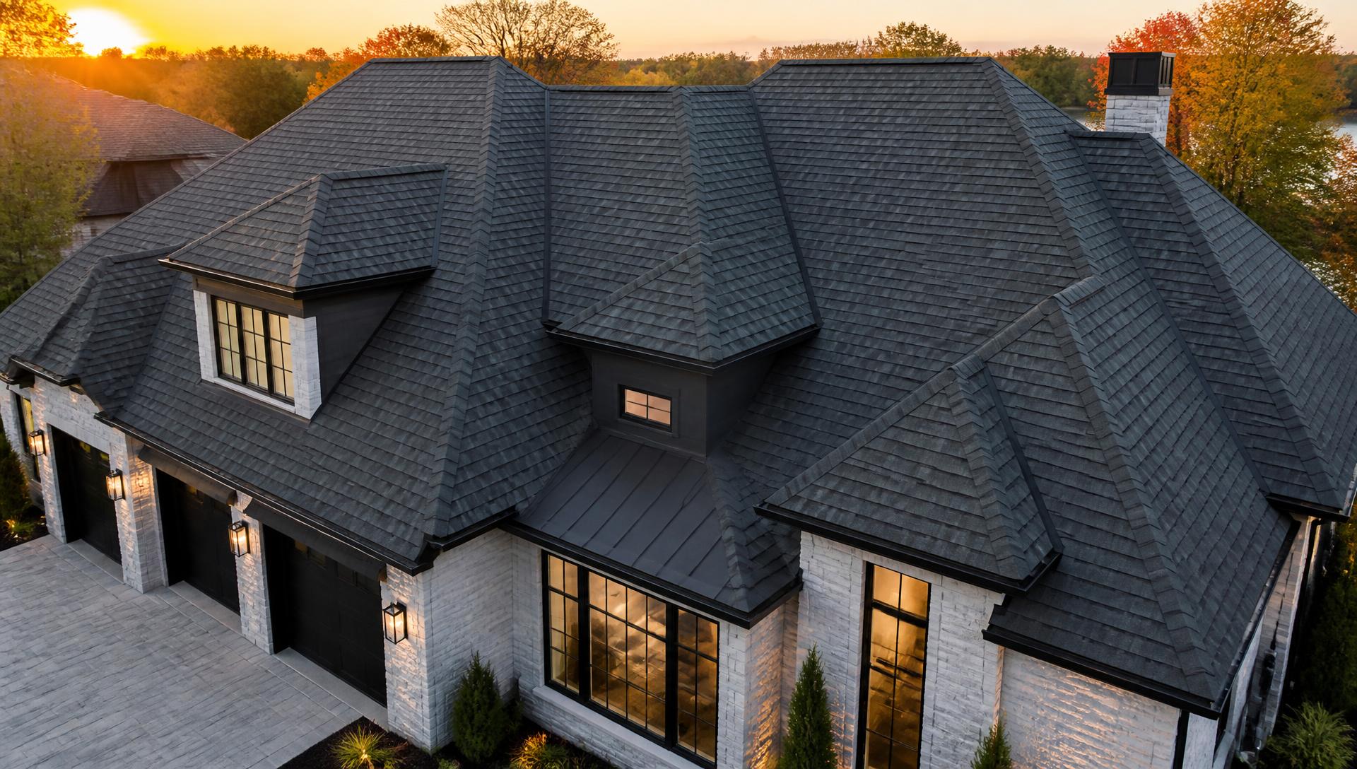 Aerial view of a newly installed architectural shingle roof at golden hour
