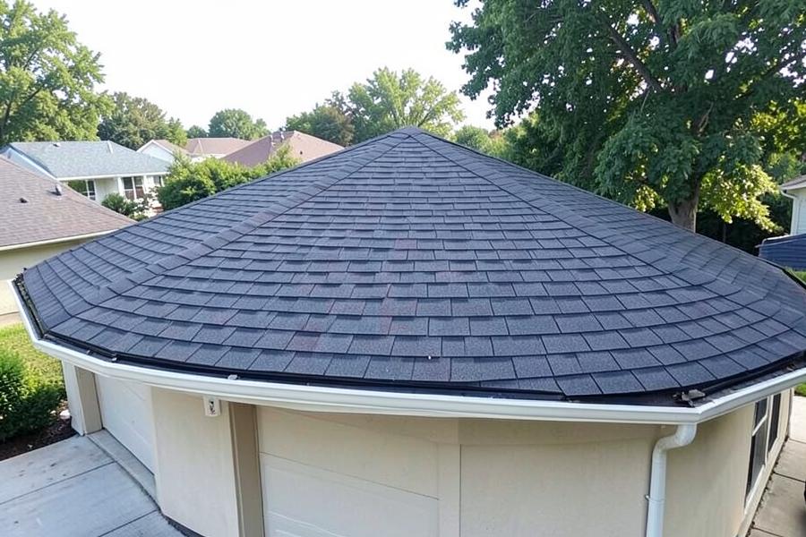 Freshly completed dark shingle roof photographed from the driveway