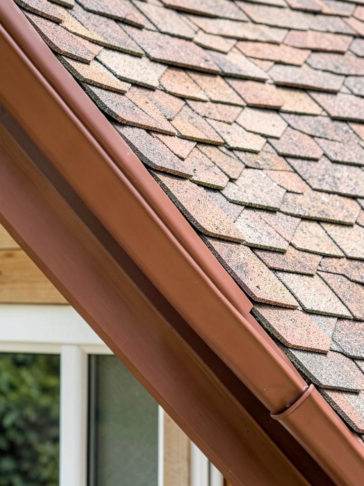 Close-up of new copper gutters against fresh shingles