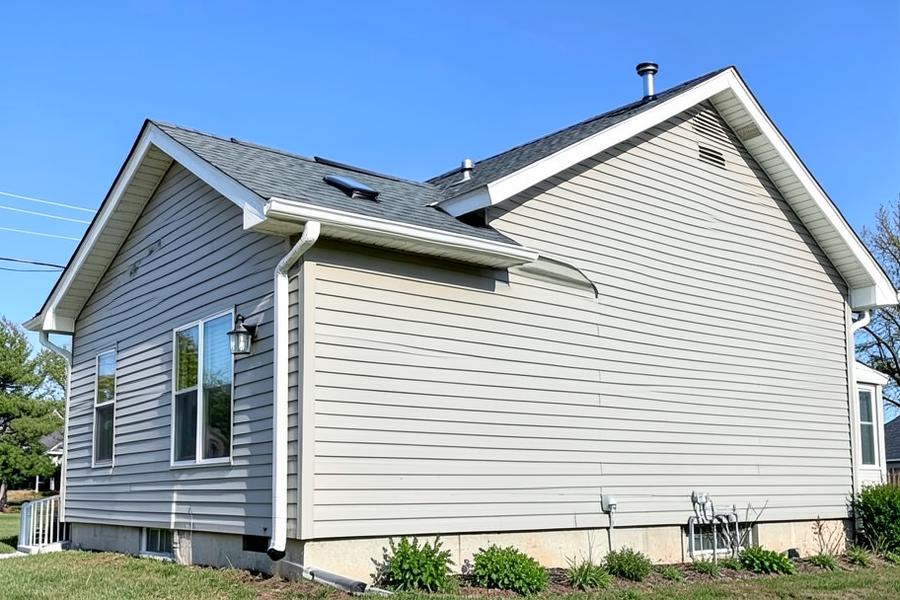 House exterior with new siding, gutters and roof after storm repair